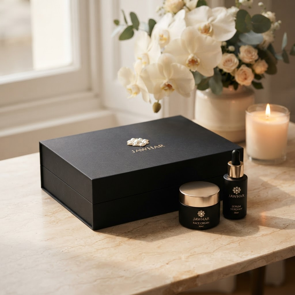 The JAWHAR Beauty Ritual box tied with a champagne gold ribbon, styled beside white roses and a gift card